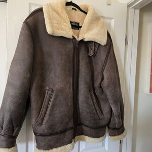 Men's Genuine Brown Leather And Shearling Jacket with Buckle Collar